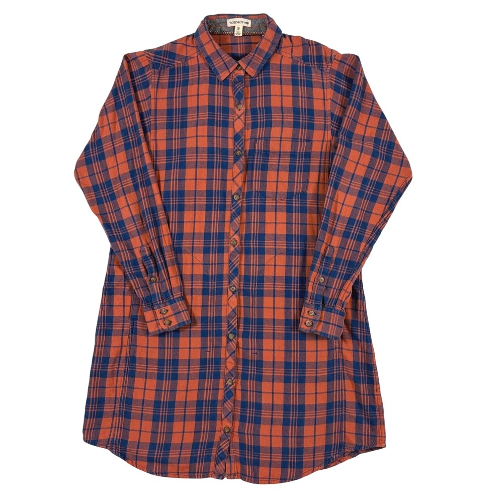 Toad&Co Plaid Shirt Dress Womens Small Orange Blue Button Front Pockets Cotton